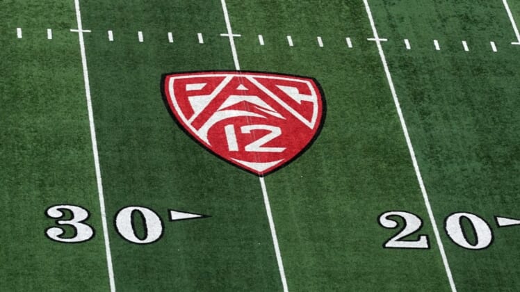 Oct 19, 2019; Salt Lake City, UT, USA; A general view of the Pac-12 conference logo on the field prior to the game between the Utah Utes and the Arizona State Sun Devils at Rice-Eccles Stadium. Mandatory Credit: Kirby Lee-USA TODAY Sports