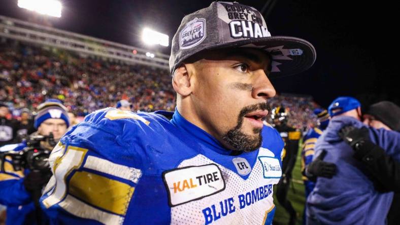 Nov 24, 2019; Calgary, Alberta, CAN; Winnipeg Blue Bombers running back Andrew Harris (33) reacts after the game against the Hamilton Tiger-Cats during the 107th Grey Cup championship football game at McMahon Stadium. Mandatory Credit: Sergei Belski-USA TODAY Sports