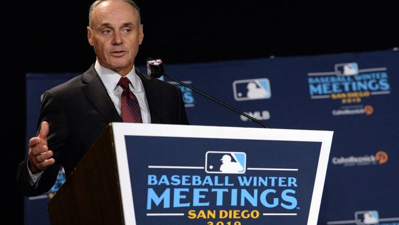 Dec 10, 2019; San Diego, CA, USA; MLB commissioner Rob Manfred speaks to the media before announcing the All-MLB team during the MLB Winter Meetings at Manchester Grand Hyatt. Mandatory Credit: Orlando Ramirez-USA TODAY Sport