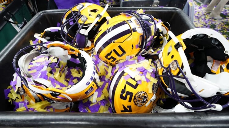 Jan 13, 2020; New Orleans, Louisiana, USA; Detail view of LSU Tigers helmets after the LSU Tigers defeated the Clemson Tigers in the College Football Playoff national championship game at Mercedes-Benz Superdome. Mandatory Credit: John David Mercer-USA TODAY Sports