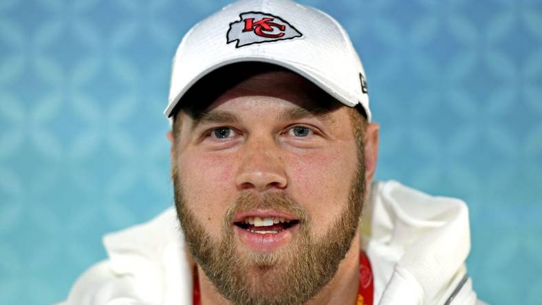 Jan 27, 2020; Miami, FL, USA; Kansas City Chiefs offensive tackle Mitchell Schwartz (71) during Super Bowl LIV Opening Night at Marlins Park.  Mandatory Credit: Douglas Defelice-USA TODAY Sports