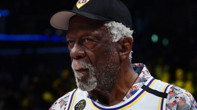 Feb 23, 2020; Los Angeles, California, USA; Bill Russell wears a Los Angeles Lakers jersey of Kobe Bryant (24) during the game against the Boston Celtics at Staples Center. Mandatory Credit: Kirby Lee-USA TODAY Sports