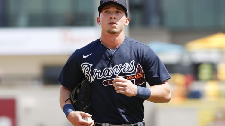 Mar 12, 2020; Lakeland, Florida, USA;  Atlanta Braves outfielder Drew Waters returns to the dugout following the second inning against the Detroit Tigers at Publix Field at Joker Marchant Stadium. Mandatory Credit: Reinhold Matay-USA TODAY Sports