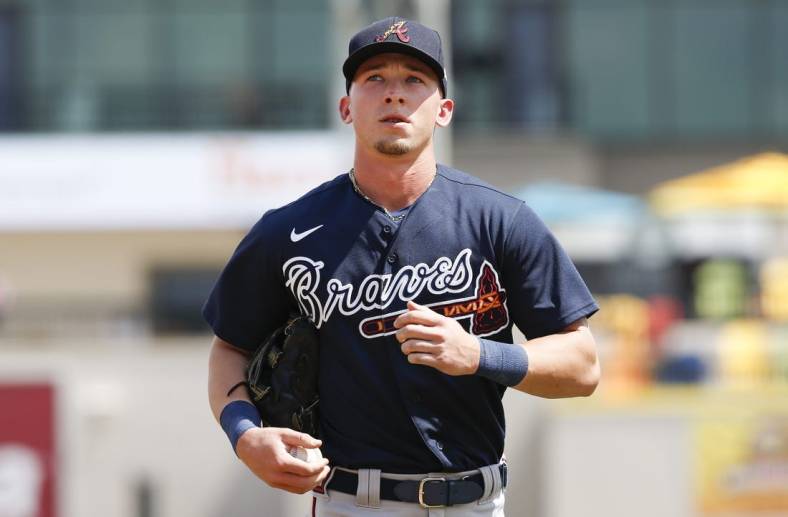 Mar 12, 2020; Lakeland, Florida, USA;  Atlanta Braves outfielder Drew Waters returns to the dugout following the second inning against the Detroit Tigers at Publix Field at Joker Marchant Stadium. Mandatory Credit: Reinhold Matay-USA TODAY Sports