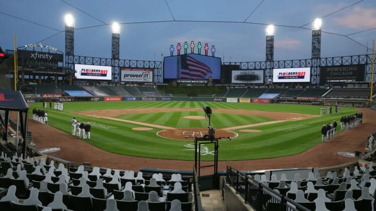 Sep 11, 2020; Chicago, Illinois, USA; A general shot of the field during a moment of silence to commemorate 9/11/2001 prior to a game between the Chicago White Sox and the Detroit Tigers at Guaranteed Rate Field. Mandatory Credit: Dennis Wierzbicki-USA TODAY Sports