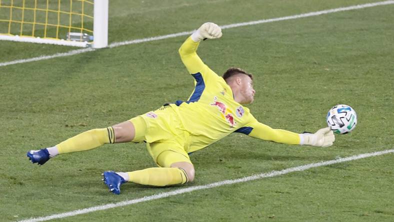 Sep 27, 2020; Harrison, New Jersey, USA; New York Red Bulls goalkeeper David Jensen (1) makes a save during the first half against the Montreal Impact at Red Bull Arena. Mandatory Credit: Vincent Carchietta-USA TODAY Sports