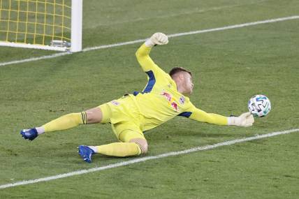 Sep 27, 2020; Harrison, New Jersey, USA; New York Red Bulls goalkeeper David Jensen (1) makes a save during the first half against the Montreal Impact at Red Bull Arena. Mandatory Credit: Vincent Carchietta-USA TODAY Sports