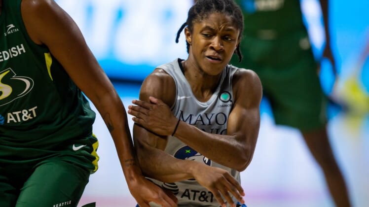 Sep 24, 2020; Bradenton, Florida, USA; Minnesota Lynx guard Crystal Dangerfield (2) pushes around a screen during Game 2 of the WNBA Semifinals against the Seattle Storm at Feld Entertainment. Mandatory Credit: Mary Holt-USA TODAY Sports