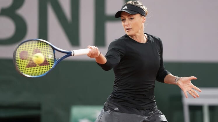 Oct 1, 2020; Paris, France; Ana Bogdan (ROU) in action during her match against Sofia Kenin (USA) on day five at Stade Roland Garros. Mandatory Credit: Susan Mullane-USA TODAY Sports