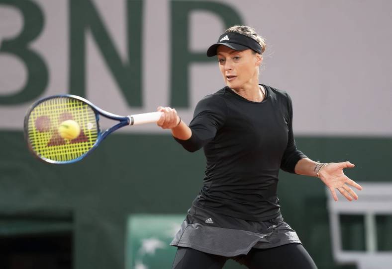 Oct 1, 2020; Paris, France; Ana Bogdan (ROU) in action during her match against Sofia Kenin (USA) on day five at Stade Roland Garros. Mandatory Credit: Susan Mullane-USA TODAY Sports