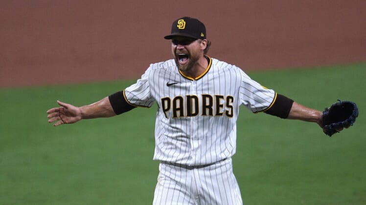 Oct 2, 2020; San Diego, California, USA; San Diego Padres relief pitcher Trevor Rosenthal (47) reacts after the Padres defeated the St. Louis Cardinals at Petco Park. Mandatory Credit: Orlando Ramirez-USA TODAY Sports
