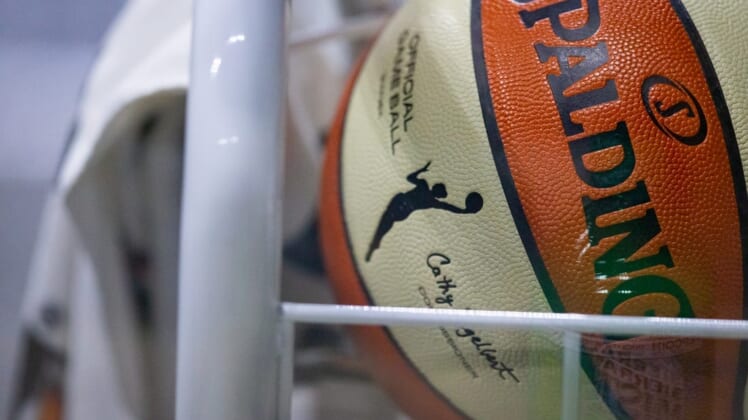 Sep 29, 2020; Bradenton, Florida, USA; A game ball waits on a sanitation cart during game 5 of the WNBA semifinals between the Connecticut Suns and the Las Vegas Aces at IMG Academy. Mandatory Credit: Mary Holt-USA TODAY Sports