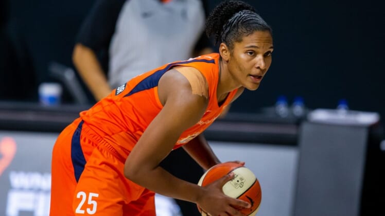 Sep 29, 2020; Bradenton, Florida, USA; Connecticut Sun forward Alyssa Thomas (25) looks to pass during game 5 of the WNBA semifinals between the Connecticut Suns and the Las Vegas Aces at IMG Academy. Mandatory Credit: Mary Holt-USA TODAY Sports