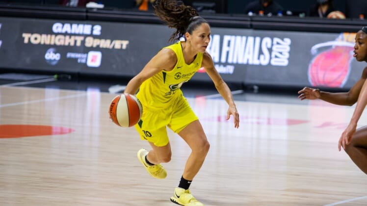 Oct 2, 2020; Bradenton, Florida, USA; Seattle Storm guard Sue Bird (10) drives during game 1 of the WNBA finals against the Las Vegas Aces at IMG Academy. Mandatory Credit: Mary Holt-USA TODAY Sports