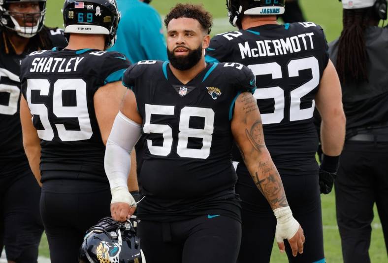 Nov 29, 2020; Jacksonville, Florida, USA;  Jacksonville Jaguars defensive tackle Doug Costin (58) on the bench during the second half against the Cleveland Browns at TIAA Bank Field. Mandatory Credit: Reinhold Matay-USA TODAY Sports