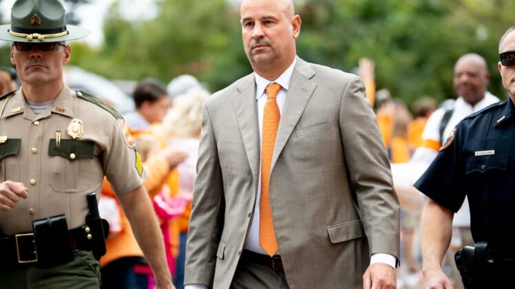 Tennessee Head Coach Jeremy Pruitt walks during the Vol Walk ahead of a game between Tennessee and Mississippi State in Neyland Stadium in Knoxville, Tenn. on Saturday, October 12, 2019.Utvmstate1005