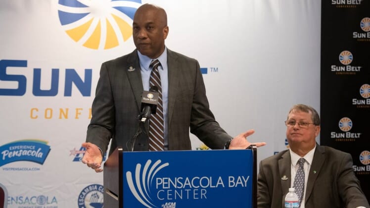 Keith Gill, the commissioner of the Sun Belt Conference, announces Pensacola will host the conference's Men's and Women's Basketball Championships staring in 2021 during a press conference on Tuesday, March 3, 2020.Sun Belt Announcement