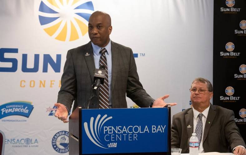 Keith Gill, the commissioner of the Sun Belt Conference, announces Pensacola will host the conference's Men's and Women's Basketball Championships staring in 2021 during a press conference on Tuesday, March 3, 2020.

Sun Belt Announcement
