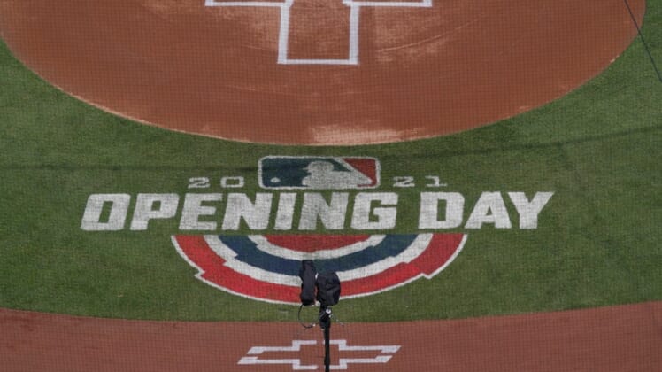 Apr 1, 2021; Kansas City, Missouri, USA; A general view of the opening day logo on field before the game between the Kansas City Royals and Texas Rangers at Kauffman Stadium. Mandatory Credit: Denny Medley-USA TODAY Sports