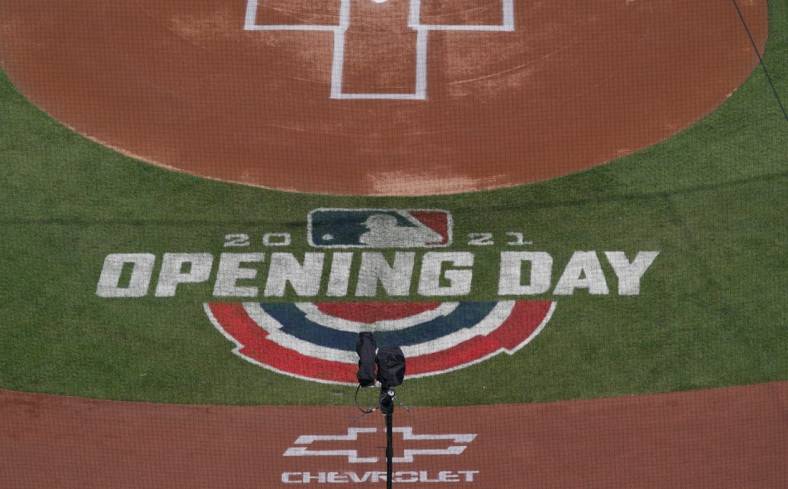 Apr 1, 2021; Kansas City, Missouri, USA; A general view of the opening day logo on field before the game between the Kansas City Royals and Texas Rangers at Kauffman Stadium. Mandatory Credit: Denny Medley-USA TODAY Sports