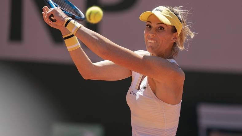 Jun 1, 2021; Paris, France; Bernarda Pera (USA) in action during her match against Ashleigh Barty (AUS) on day three of the French Open at Roland Garros Stadium. Mandatory Credit: Susan Mullane-USA TODAY Sports