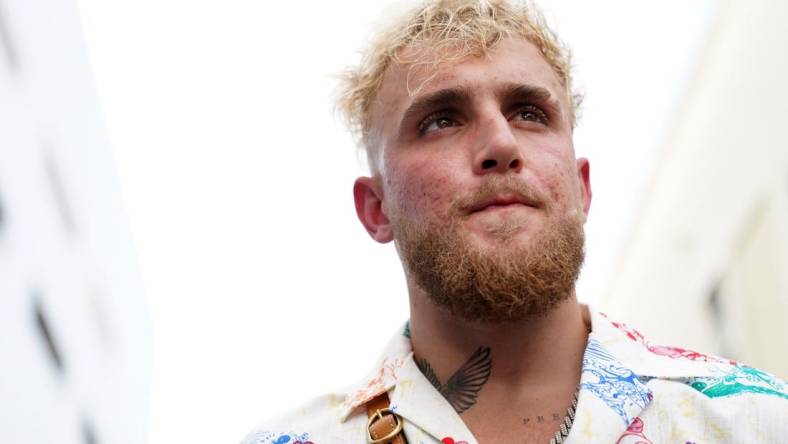 Jun 3, 2021; Miami Beach, Florida, USA; YouTube star Jake Paul looks on at World Famous 5th St. Gym. Mandatory Credit: Jasen Vinlove-USA TODAY Sports