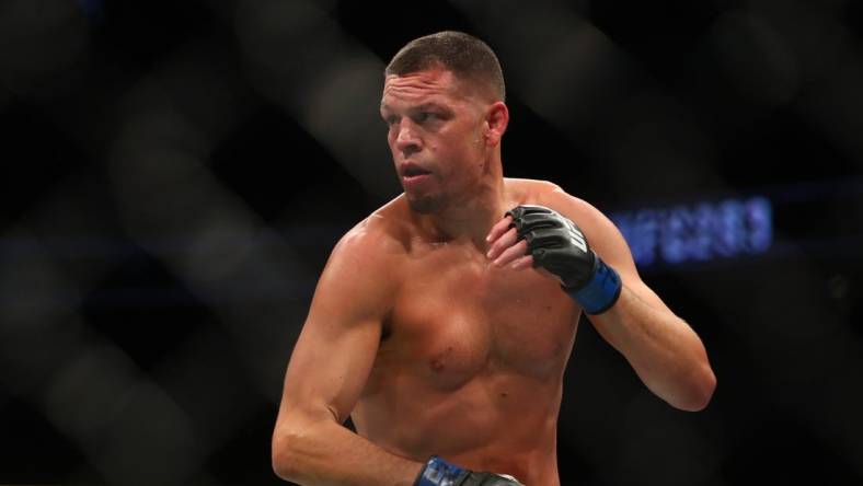 Jun 12, 2021; Glendale, Arizona, USA; Nate Diaz during UFC 263 at Gila River Arena. Mandatory Credit: Mark J. Rebilas-USA TODAY Sports