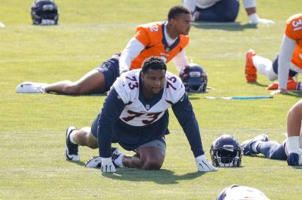 Jul 29, 2021; Englewood, CO, United States; Denver Broncos tackle Cam Fleming (73) during training camp at UCHealth Training Center. Mandatory Credit: Isaiah J. Downing-USA TODAY Sports