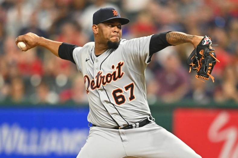 Aug 7, 2021; Cleveland, Ohio, USA; Detroit Tigers relief pitcher Jose Cisnero (67) throws a pitch during the eighth inning against the Cleveland Indians at Progressive Field. Mandatory Credit: Ken Blaze-USA TODAY Sports