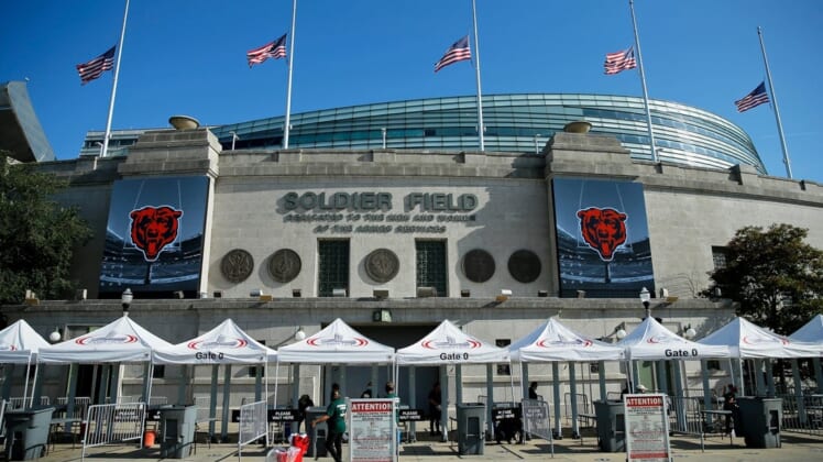 Aug 14, 2021; Chicago, Illinois, USA; A general view of the exterior of Soldier Field before the game between the Chicago Bears and the Miami Dolphins. Mandatory Credit: Jon Durr-USA TODAY Sports