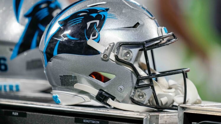 Aug 21, 2021; Charlotte, North Carolina, USA; Carolina Panthers helmet during the second half against the Baltimore Ravens at Bank of America Stadium. Mandatory Credit: Jim Dedmon-USA TODAY Sports