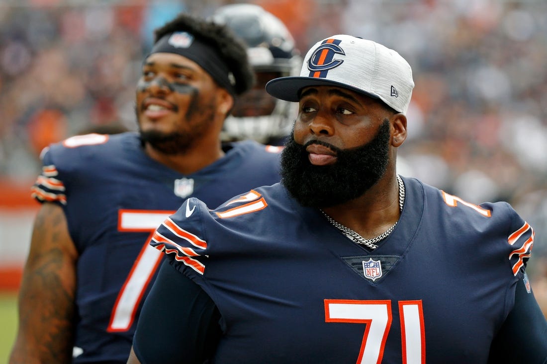 Aug 21, 2021; Chicago, Illinois, USA; Chicago Bears offensive tackle Jason Peters (71) looks on from the sideline during the second half against the Buffalo Bills at Soldier Field. The Buffalo Bills won 41-15. Mandatory Credit: Jon Durr-USA TODAY Sports