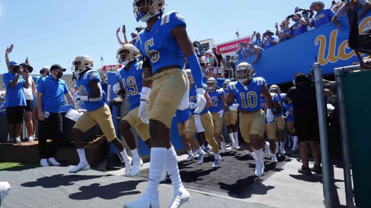 Aug 28, 2021; Pasadena, California, USA; A general overall view as UCLA Bruins enter the field before the game against the Hawaii Rainbow Warriors at Rose Bowl. Mandatory Credit: Kirby Lee-USA TODAY Sports