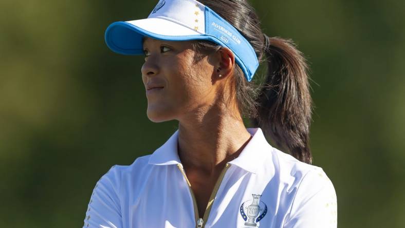 Sep 6, 2021; Toledo, Ohio, USA; Celine Boutier of Team Europe looks to her right and smiles on the seventeenth hole after her singles match in the 2021 Solheim Cup at Invernes Club. Mandatory Credit: Raj Mehta-USA TODAY Sports