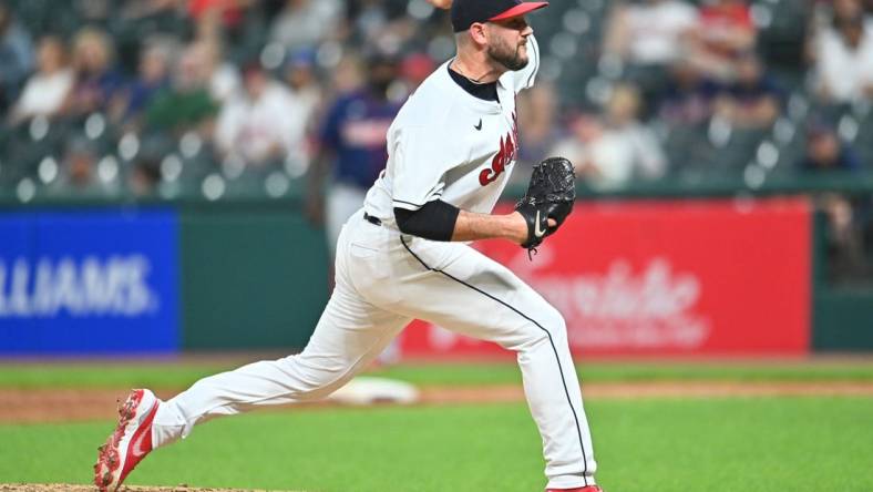 Sep 7, 2021; Cleveland, Ohio, USA; Cleveland Indians starting pitcher Alex Young (46) throws a pitch during the seventh inning against the Minnesota Twins at Progressive Field. Mandatory Credit: Ken Blaze-USA TODAY Sports