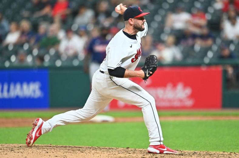 Sep 7, 2021; Cleveland, Ohio, USA; Cleveland Indians starting pitcher Alex Young (46) throws a pitch during the seventh inning against the Minnesota Twins at Progressive Field. Mandatory Credit: Ken Blaze-USA TODAY Sports