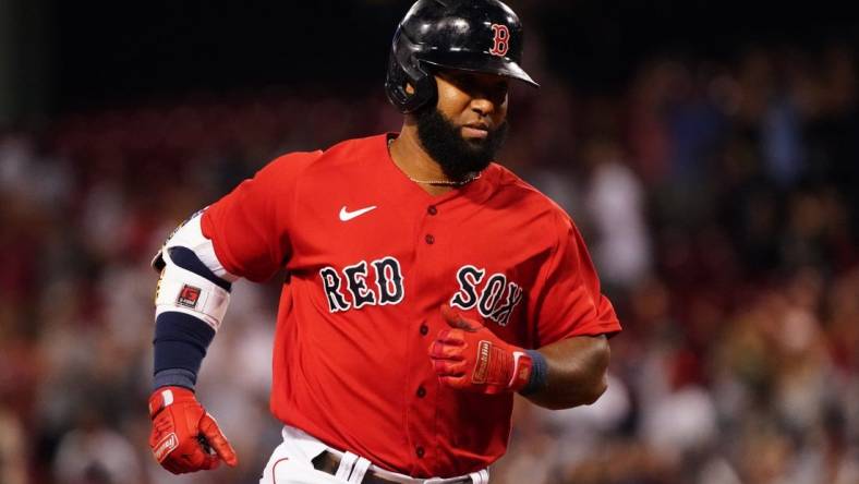 Sep 7, 2021; Boston, Massachusetts, USA; Boston Red Sox Danny Santana (22) hits a two run home run against the Tampa Bay Rays in the eighth inning at Fenway Park. Mandatory Credit: David Butler II-USA TODAY Sports