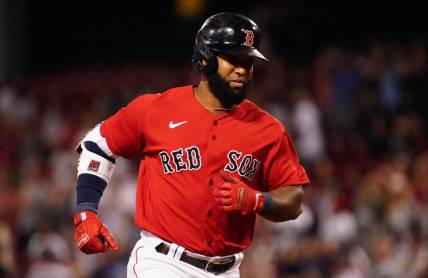 Sep 7, 2021; Boston, Massachusetts, USA; Boston Red Sox Danny Santana (22) hits a two run home run against the Tampa Bay Rays in the eighth inning at Fenway Park. Mandatory Credit: David Butler II-USA TODAY Sports