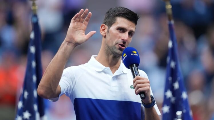 Sep 12, 2021; Flushing, NY, USA; Novak Djokovic of Serbia speaks to the crowd during the trophy presentation ceremony after his match against Daniil Medvedev of Russia (not pictured) in the men's singles final on day fourteen of the 2021 U.S. Open tennis tournament at USTA Billie Jean King National Tennis Center. Mandatory Credit: Danielle Parhizkaran-USA TODAY Sports