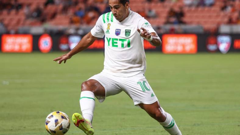 Sep 11, 2021; Houston, Texas, USA; Austin FC forward Cecilio Dominguez (10) in action against the Houston Dynamo FC at BBVA Stadium. Mandatory Credit: Troy Taormina-USA TODAY Sports