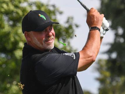 The tee kicks up near Darren Clarke's face as he tees off on the last day of the Sanford International golf tournament on Sunday, September 19, 2021, at the Minnehaha Country Club in Sioux Falls.

Darren Clarke 002