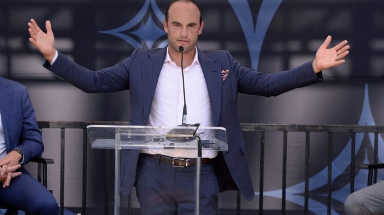 Oct 3, 2021; Carson, California, USA; Former Los Angeles Galaxy forward Landon Donovan speaks before the unveiling of a statue in his honor before the game against the Los Angeles FC at StubHub Center. Mandatory Credit: Orlando Ramirez-USA TODAY Sports