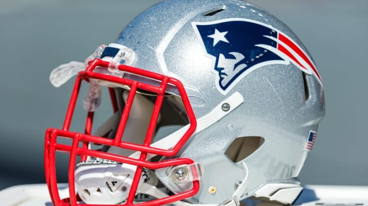 Sep 26, 2021; Foxborough, Massachusetts, USA; New England Patriots helmet during the game against New Orleans Saints during the first half at Gillette Stadium. Mandatory Credit: Stephen Lew-USA TODAY Sports