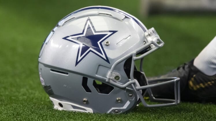Oct 3, 2021; Arlington, Texas, USA; Detailed view of a Dallas Cowboys football helmet against the Carolina Panthers at AT&T Stadium. Mandatory Credit: Mark J. Rebilas-USA TODAY Sports
