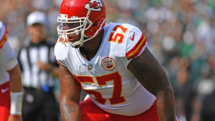Oct 3, 2021; Philadelphia, Pennsylvania, USA; Kansas City Chiefs offensive tackle Orlando Brown (57) against the Philadelphia Eagles at Lincoln Financial Field. Mandatory Credit: Eric Hartline-USA TODAY Sports