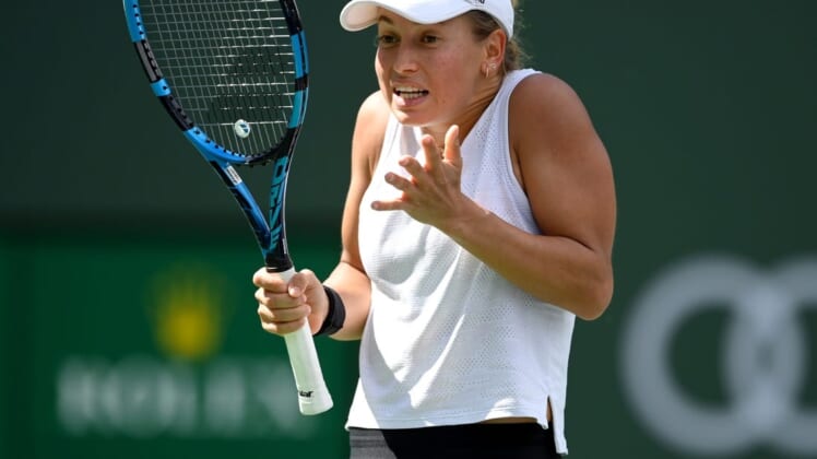 Oct 6, 2021; Indian Wells, CA, USA; Yulia Putintseva (KAZ) during her first round match as she defeated Andrea Petkovic (not pictured) during the BNP Paribas Open at the Indian Wells Tennis Garden. Mandatory Credit: Jayne Kamin-Oncea-USA TODAY Sports