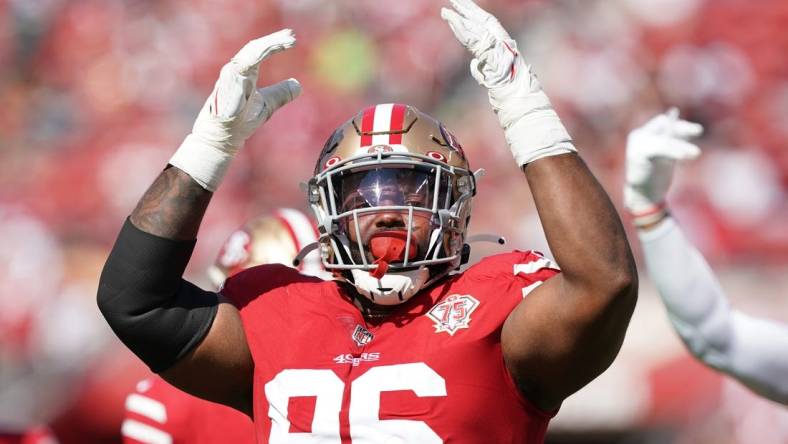 Oct 3, 2021; Santa Clara, California, USA; San Francisco 49ers defensive tackle Maurice Hurst (96) gestures during the second quarter against the Seattle Seahawks at Levi's Stadium. Mandatory Credit: Darren Yamashita-USA TODAY Sports