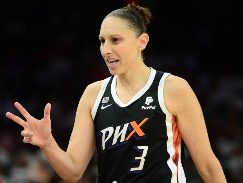 Oct 10, 2021; Phoenix, Arizona, USA; Phoenix Mercury guard Diana Taurasi (3) reacts against the Chicago Sky during the first half of game one of the 2021 WNBA Finals at Footprint Center. Mandatory Credit: Joe Camporeale-USA TODAY Sports