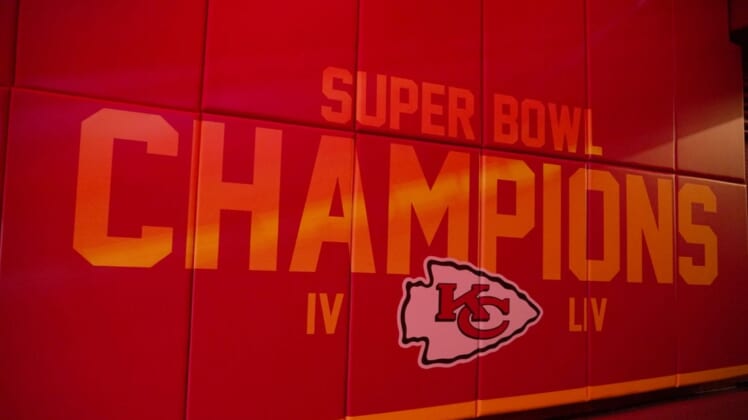 Oct 10, 2021; Kansas City, Missouri, USA; A general view of the Super Bowl logo on the player tunnel before the game between the Kansas City Chiefs and Buffalo Bills at GEHA Field at Arrowhead Stadium. Mandatory Credit: Denny Medley-USA TODAY Sports