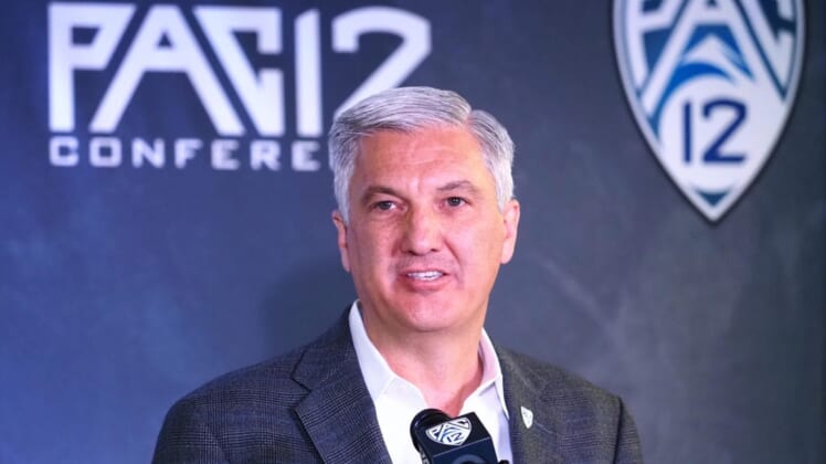 Oct 13, 2021; San Francisco, CA, USA; Pac-12 commissioner George Kliavkoff speaks to the media during the Pac-12 men   s basketball media day. Mandatory Credit: Kelley L Cox-USA TODAY Sports